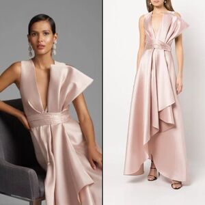 Sachin & Babi Size 12 Jenna Silver Peony Light Pink Bow High Low Maxi Gown Dress